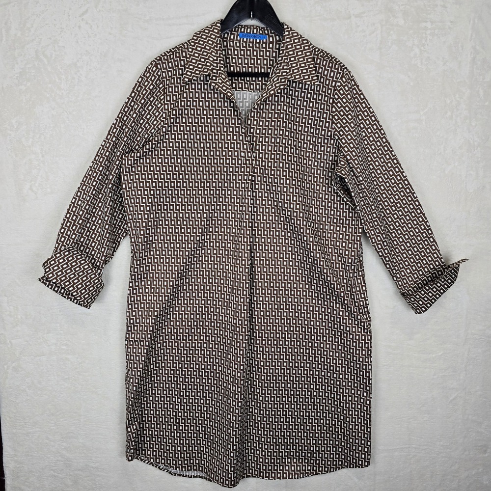 J.McLaughlin Cagney Brown Geometric Maze Print Shirt Dress XL Cotton Spandex